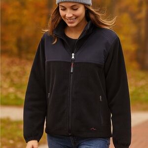 LL BEAN black fleece jacket cinch hem zip pockets womens size Large